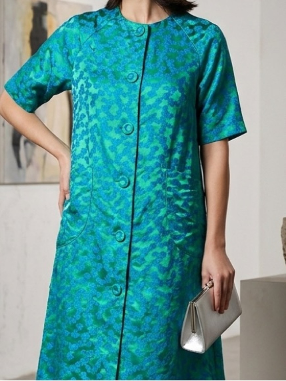 Bonwit Teller -Vintage 1960 Teal Patterned Button-Front Midi Dress